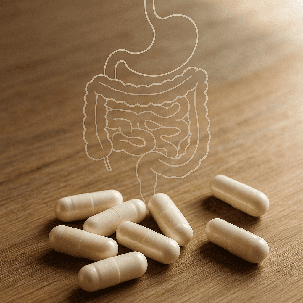 Probiotic capsules with gut health diagram overlay