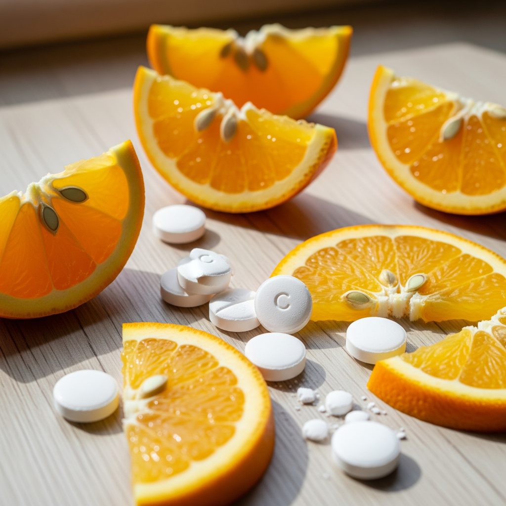 Oranges and vitamin C pills on kitchen counter with soft light