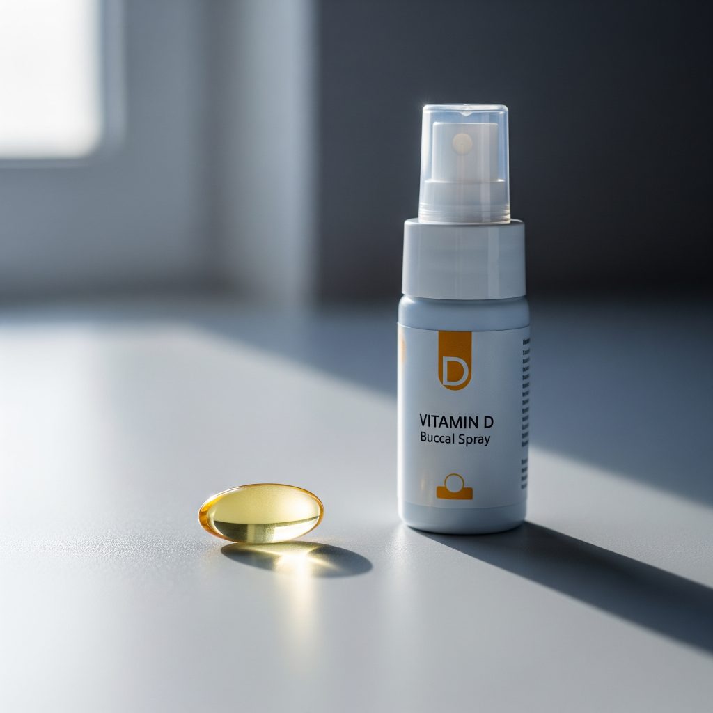 Vitamin D3 softgel and spray side by side under natural light