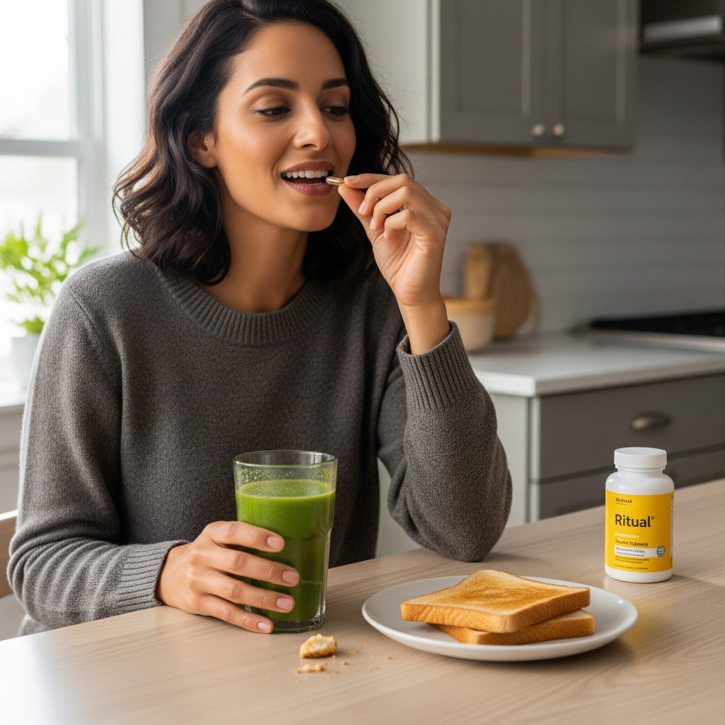 Woman taking Ritual multivitamin with breakfast