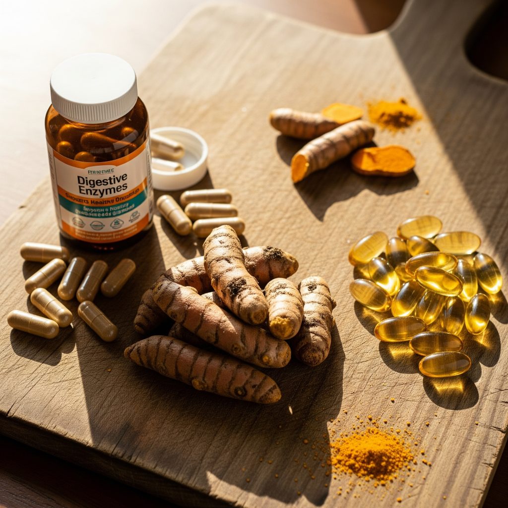 Turmeric root, omega-3 capsules, and digestive enzymes for digestive health stack