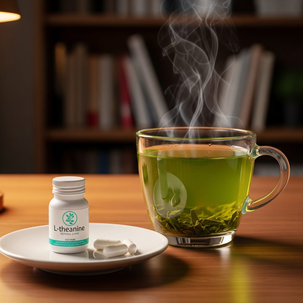 Green tea and L-theanine supplements on table