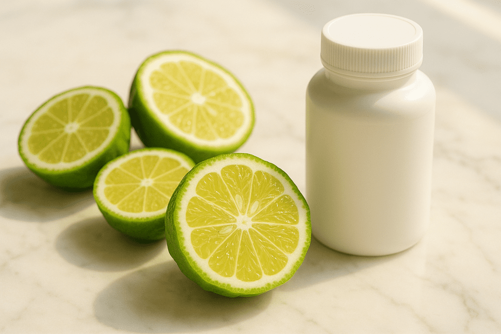 Citrus bergamot fruits and supplement bottle for cholesterol lowering