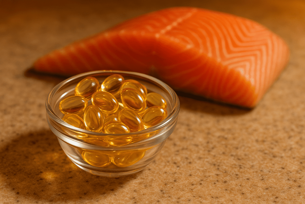 Omega-3 fish oil capsules and salmon for anti-inflammatory supplement stack