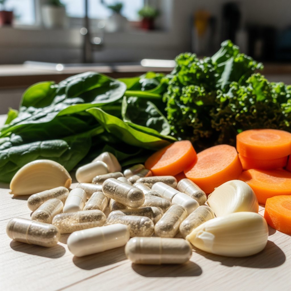 Probiotic capsules and fresh vegetables on kitchen counter for gut health supplements