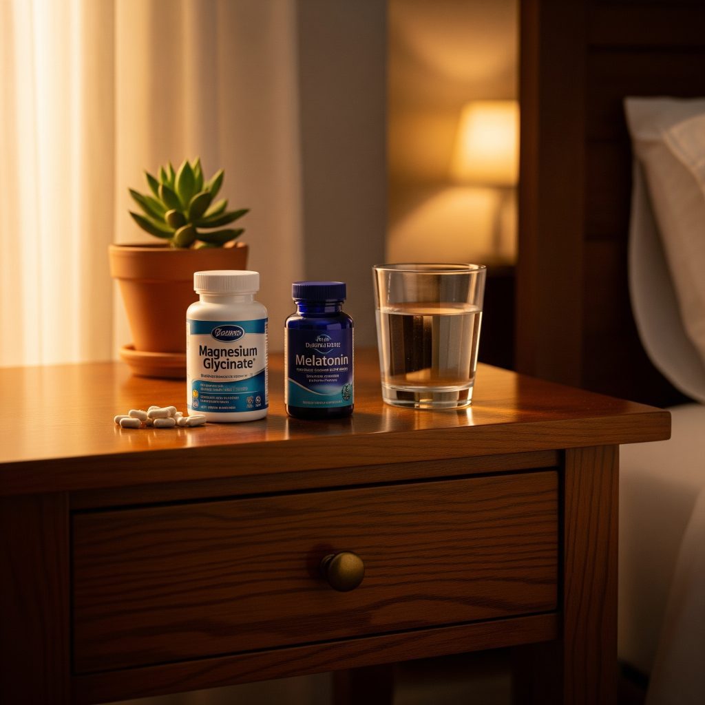 Nightstand with magnesium and melatonin sleep supplements