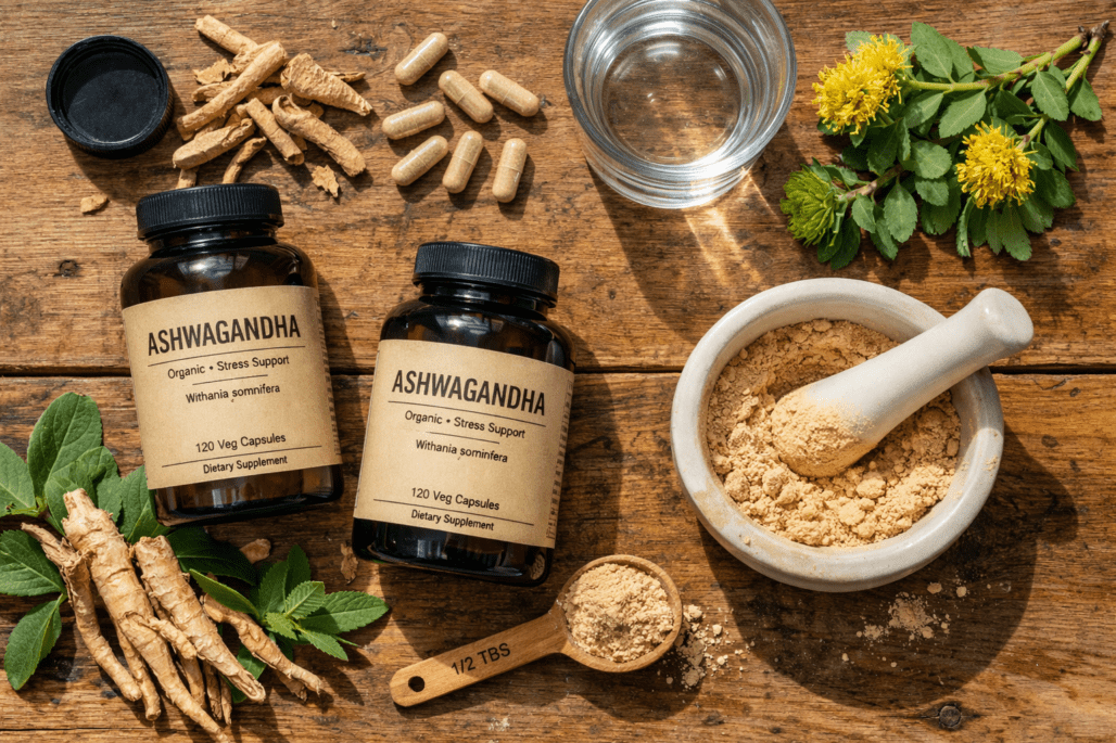 Ashwagandha supplement products and dried root powder arranged on wooden table for stress relief research