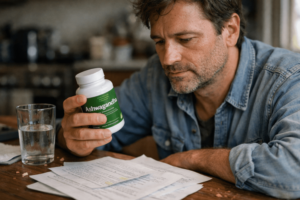 Woman drinking herbal tea at home, illustrating ashwagandha benefits for stress relief and wellness