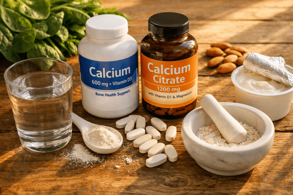 Calcium supplements and food sources arranged on wooden table for nutrition guide