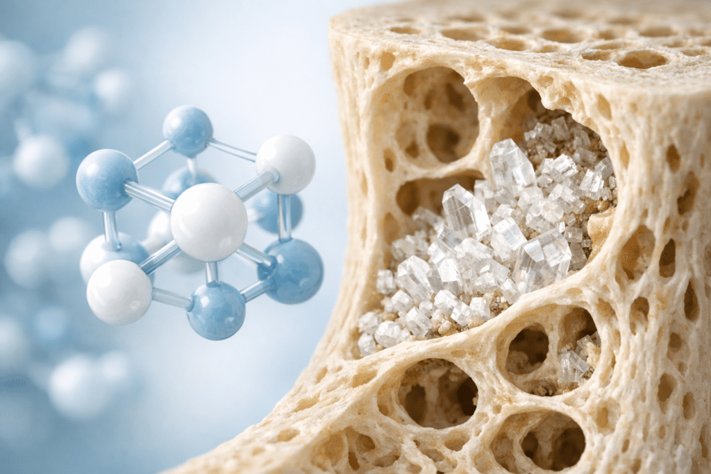 Calcium molecular structure and bone anatomy illustration for supplement guide