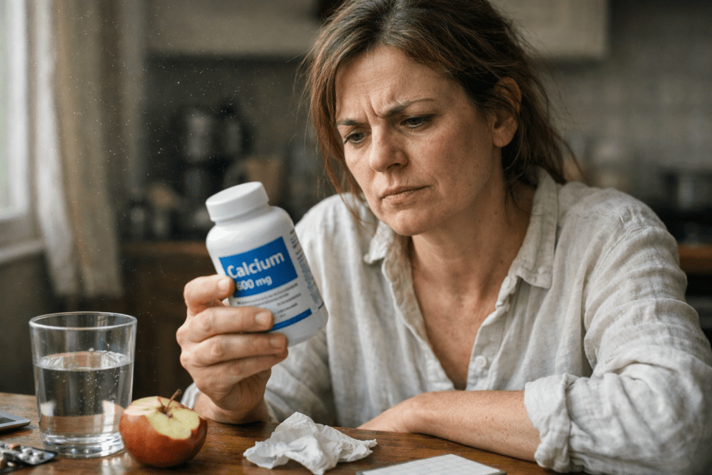 Person examining calcium supplement bottle with realistic natural lighting and detail