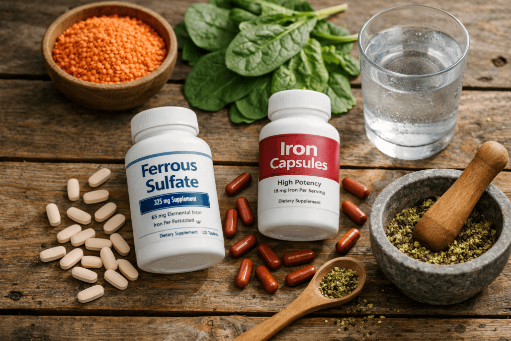 Best iron supplements displayed with iron-rich foods like spinach and lentils on wooden surface