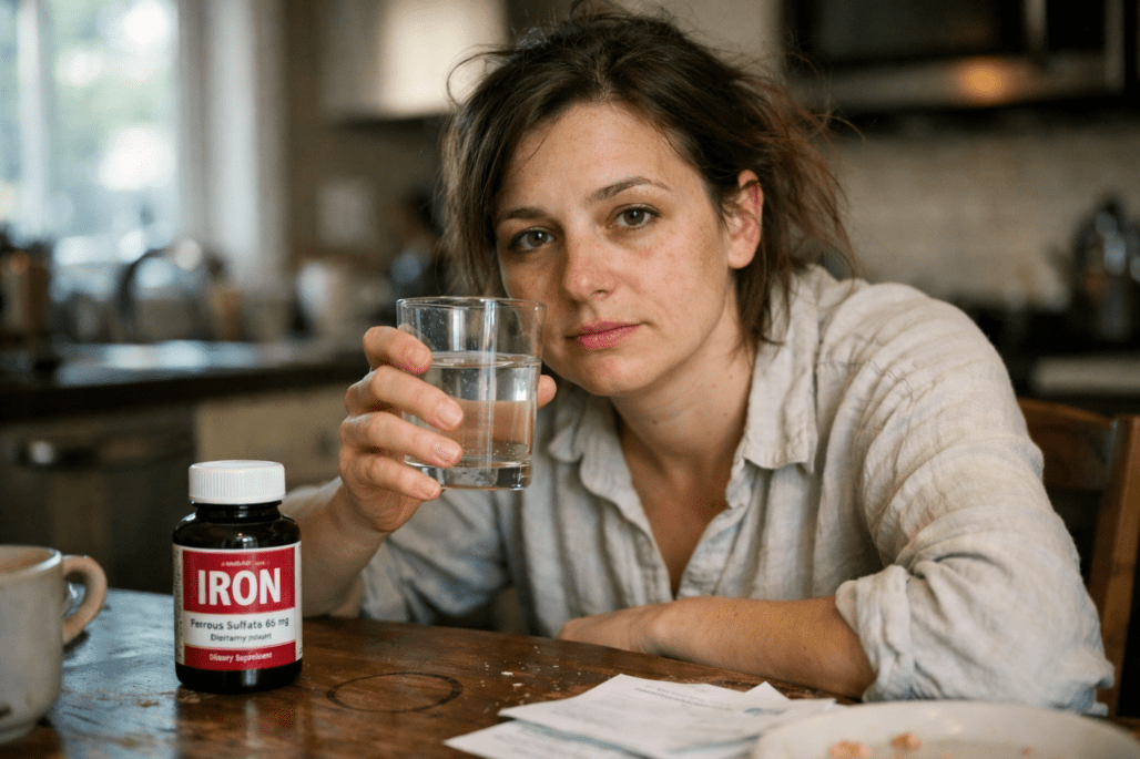 Person taking iron supplement with water to manage iron deficiency and reduce fatigue symptoms