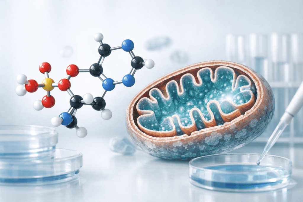 NAD+ booster molecular structure with mitochondrial cells in scientific editorial style