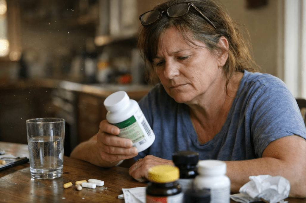 Person reviewing longevity supplements at home with realistic natural lighting and details