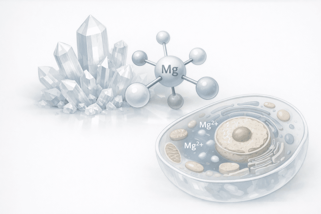 Magnesium molecule structure and cellular illustration for dosage guide