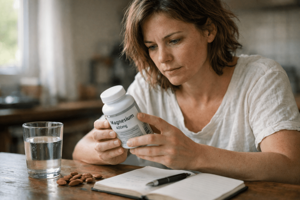 Person reading magnesium supplement bottle label at kitchen table