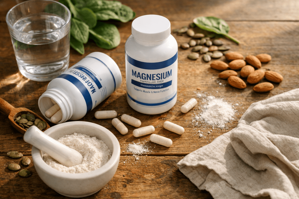 Magnesium supplements and food sources on wooden table with water glass
