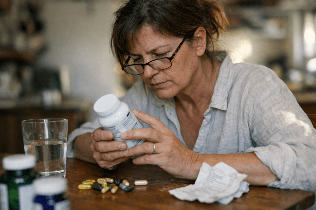 Person examining NOW Foods supplement bottles at kitchen table in natural morning light, authentic product review