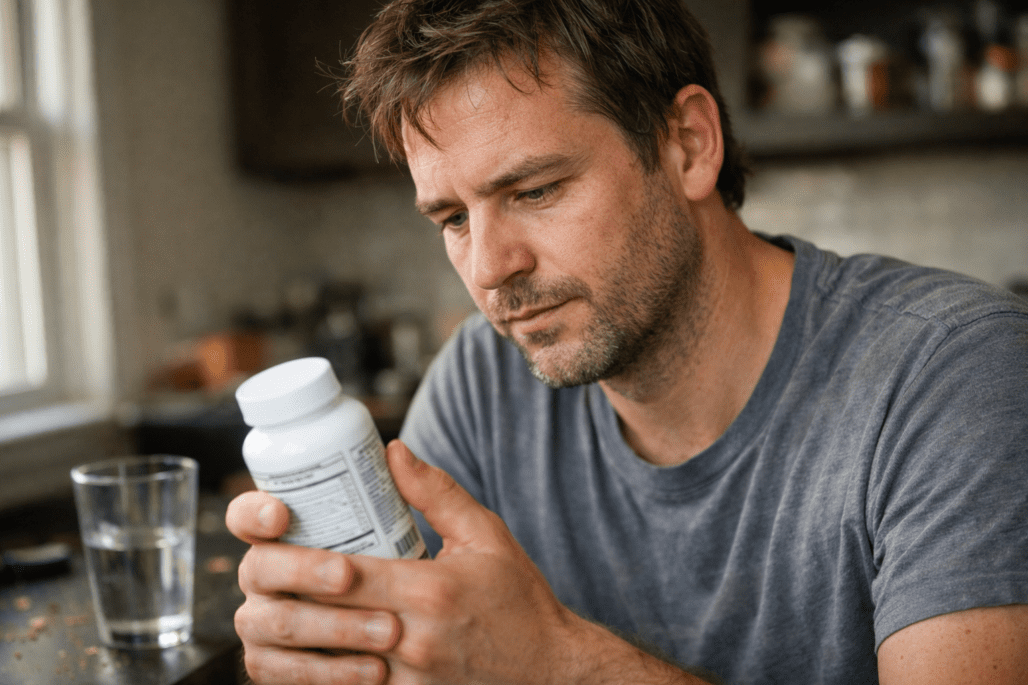 Person comparing supplement brands by reading label, showing real consumer choice between Thorne and Pure Encapsulations