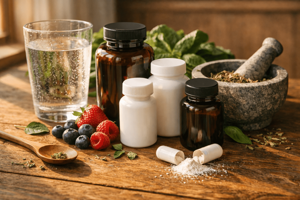 Best vitamin brands comparison: premium supplements with fresh ingredients and water on wooden table showing quality standards
