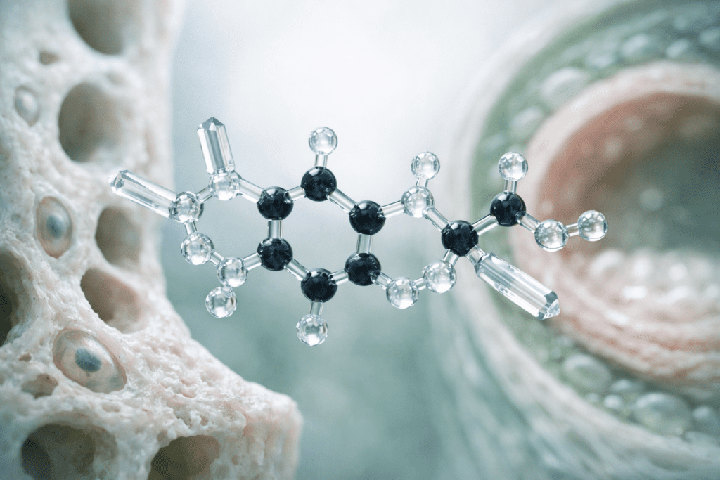 Molecular structure of vitamin K2 interacting with bone and cardiovascular tissue in scientific illustration style