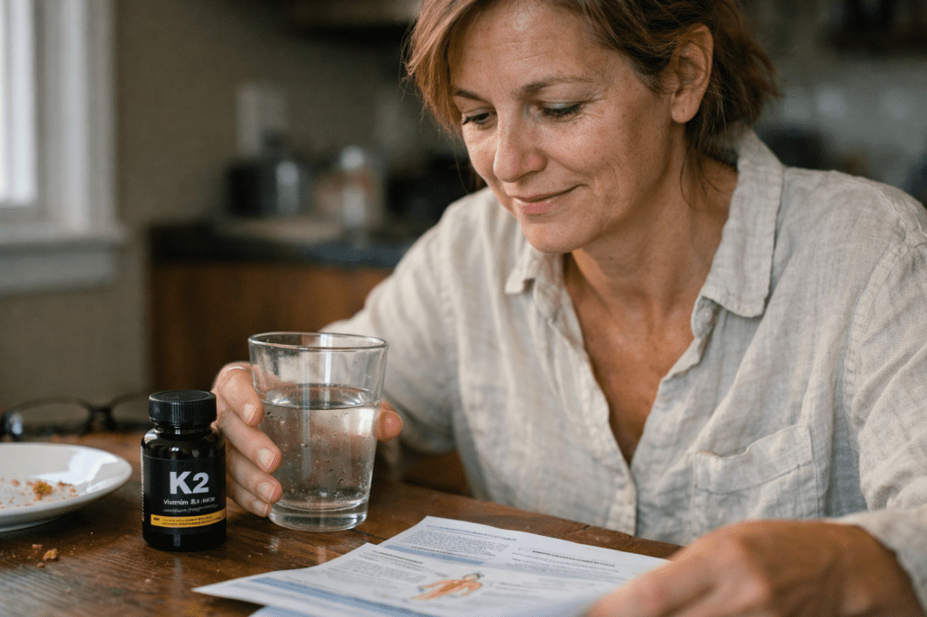 Person reviewing vitamin K2 supplementation information at home with natural lighting and realistic details