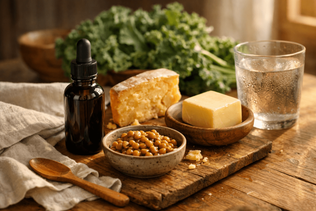 Vitamin K2 supplements and natural food sources including cheese, natto, and leafy greens on wooden surface
