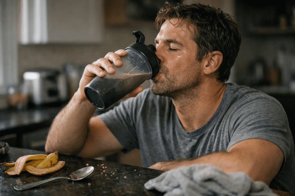 Athlete drinking protein shake in realistic kitchen setting for workout recovery and athletic performance