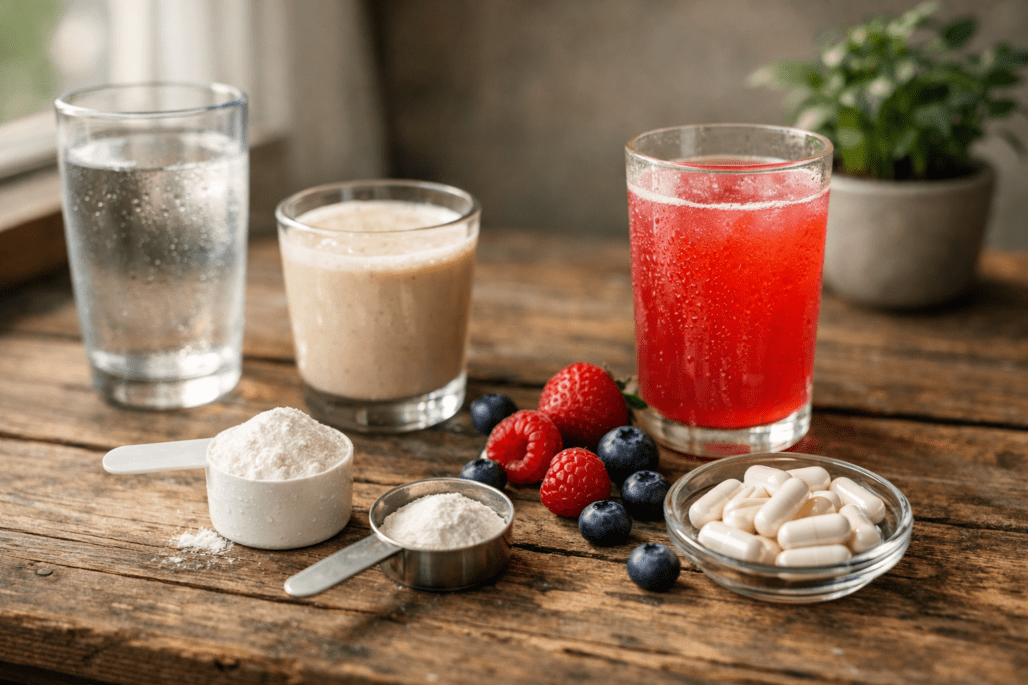 Athletic performance supplements and sports nutrition products arranged on wooden table with water glass