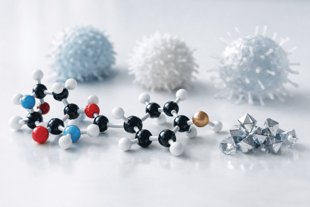 Molecular structures of student vitamins and immune support supplements in scientific arrangement