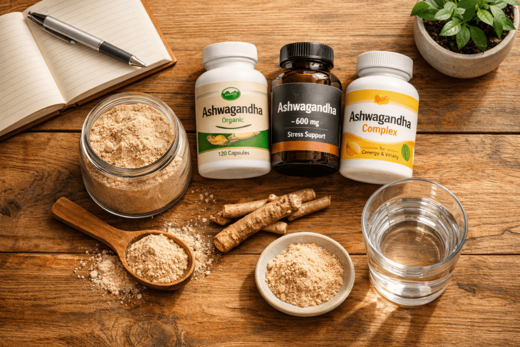 Best ashwagandha supplements displayed as capsules and powder on wooden table with water