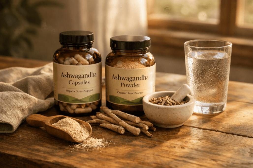 Best ashwagandha supplements displayed with roots, powder, and capsules on wooden surface