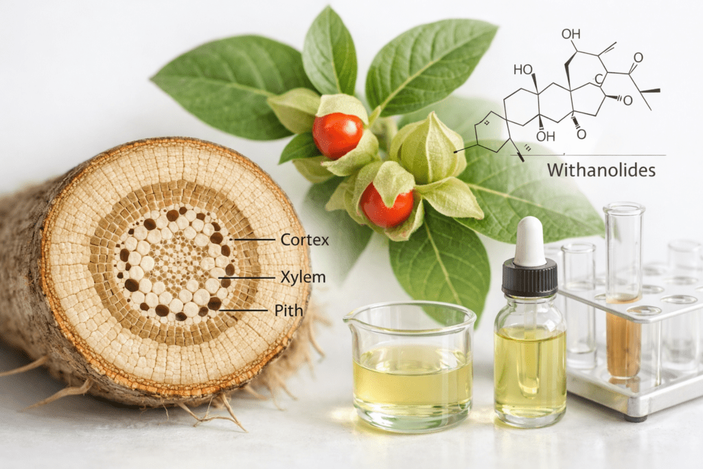 Scientific cross-section of ashwagandha root showing withanolides and plant structure for supplement education