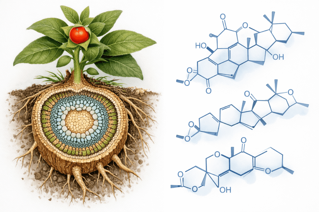 Ashwagandha plant anatomy and withanolide molecular structure in scientific editorial style