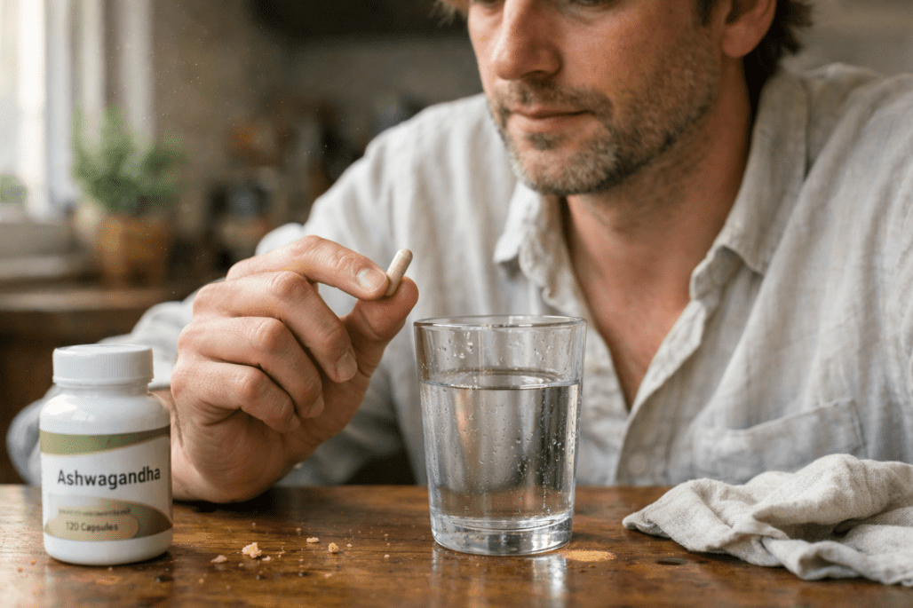 Person taking ashwagandha supplement with water in natural morning light at home