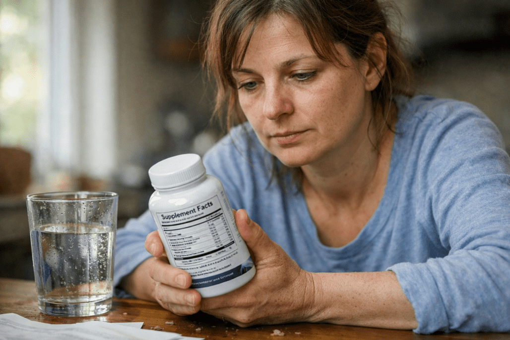 Person examining ashwagandha supplement label and dosage information at home