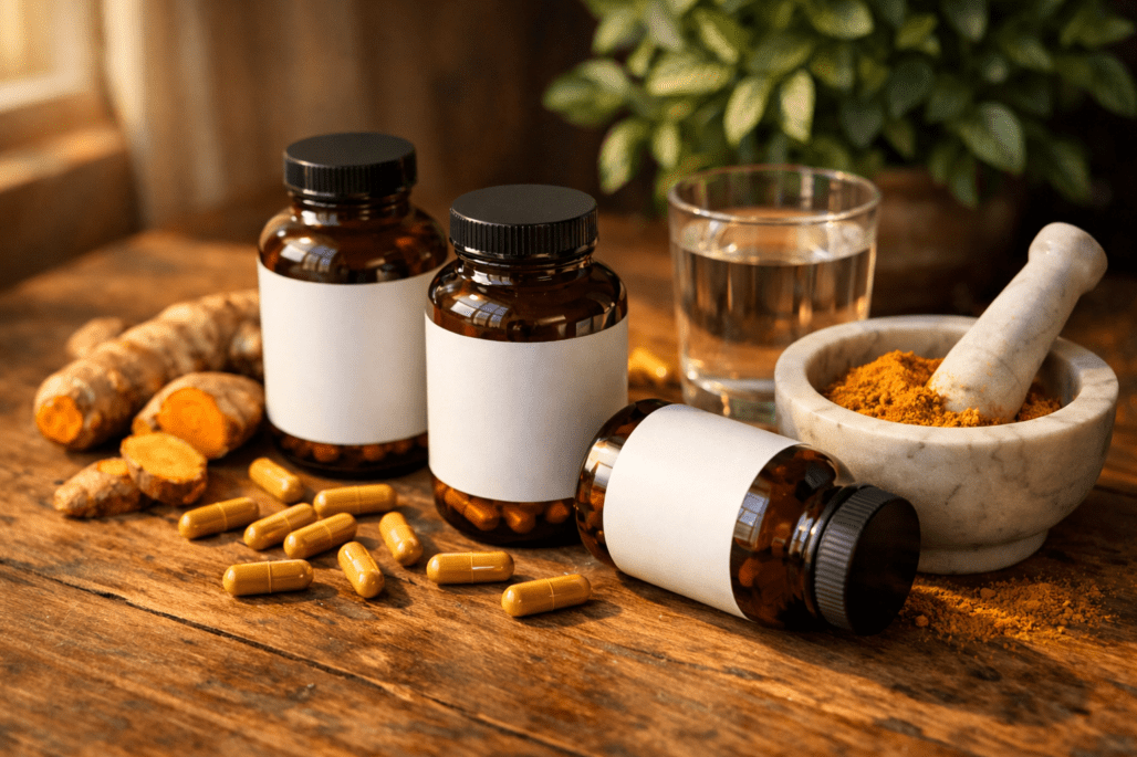 Best berberine supplements displayed with natural ingredients and water on wooden surface