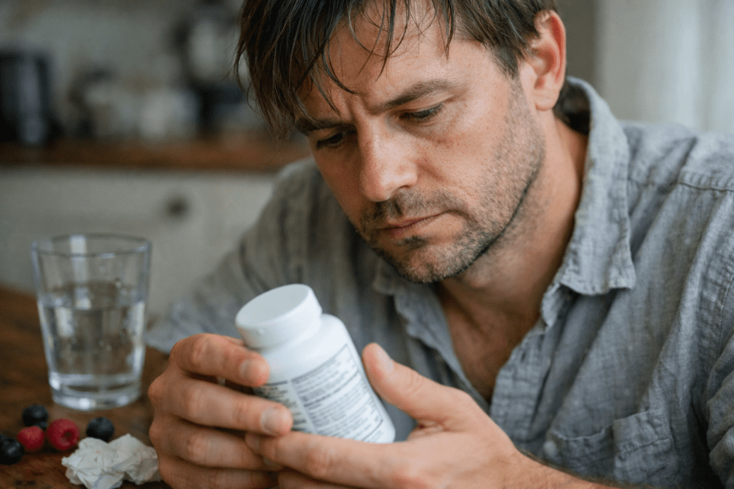 Person examining berberine supplement bottle in natural kitchen lighting for wellness article