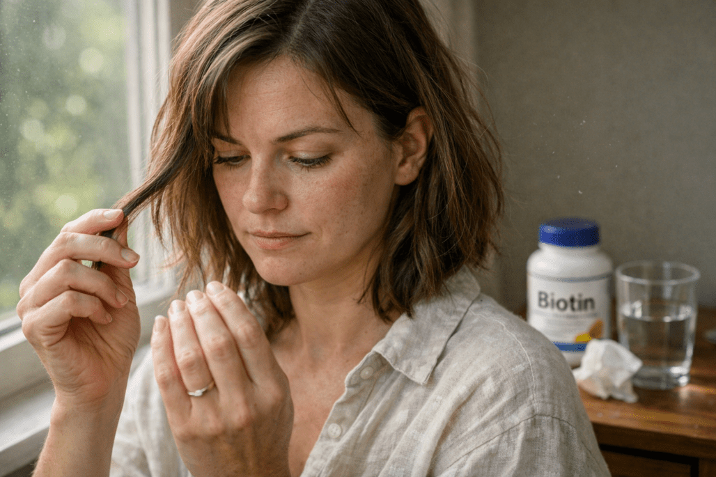 Woman examining hair and nails while taking biotin supplements for natural hair growth support