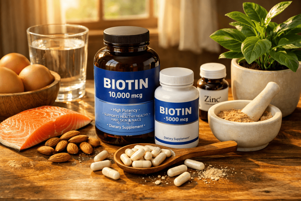 Best biotin supplements displayed with supporting nutrients and biotin-rich foods on wooden table