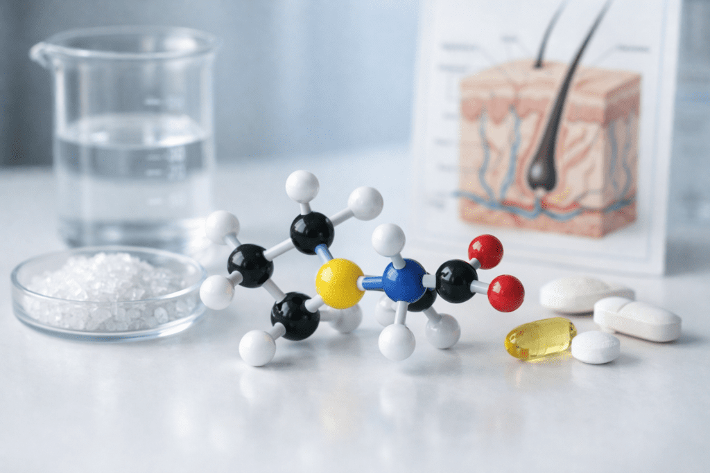 Biotin molecular structure and B-vitamin compounds in scientific laboratory setting with hair follicle illustration