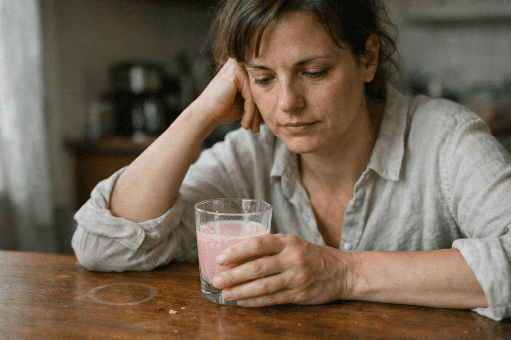 Person drinking collagen supplement at kitchen table with natural window lighting