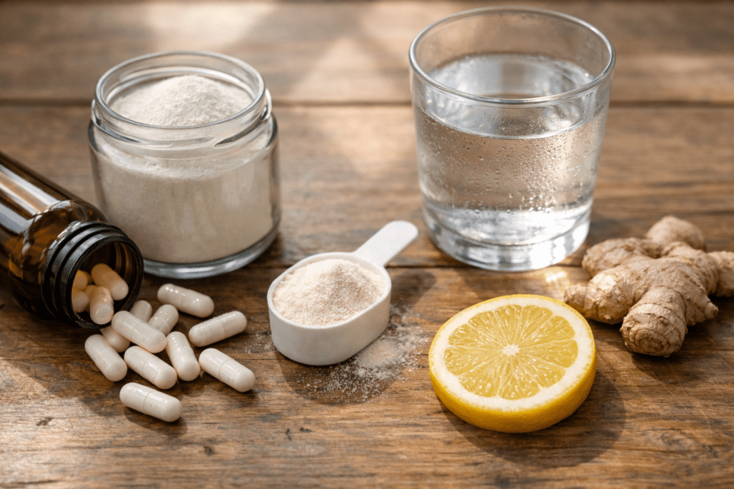 Collagen powder, pills, and water on wooden table showing different collagen supplement forms