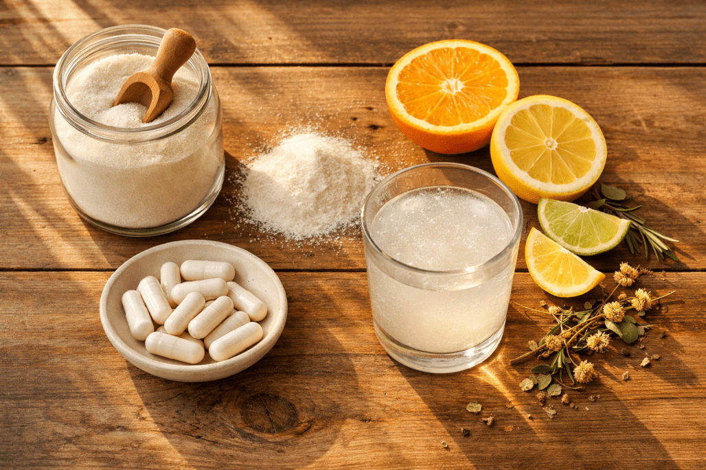 Collagen powder, pills, and peptides displayed with water and fresh citrus on wooden table