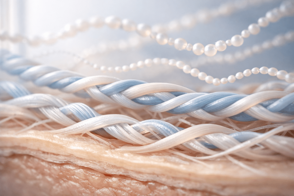 Collagen molecular structure and skin fiber visualization in scientific editorial style