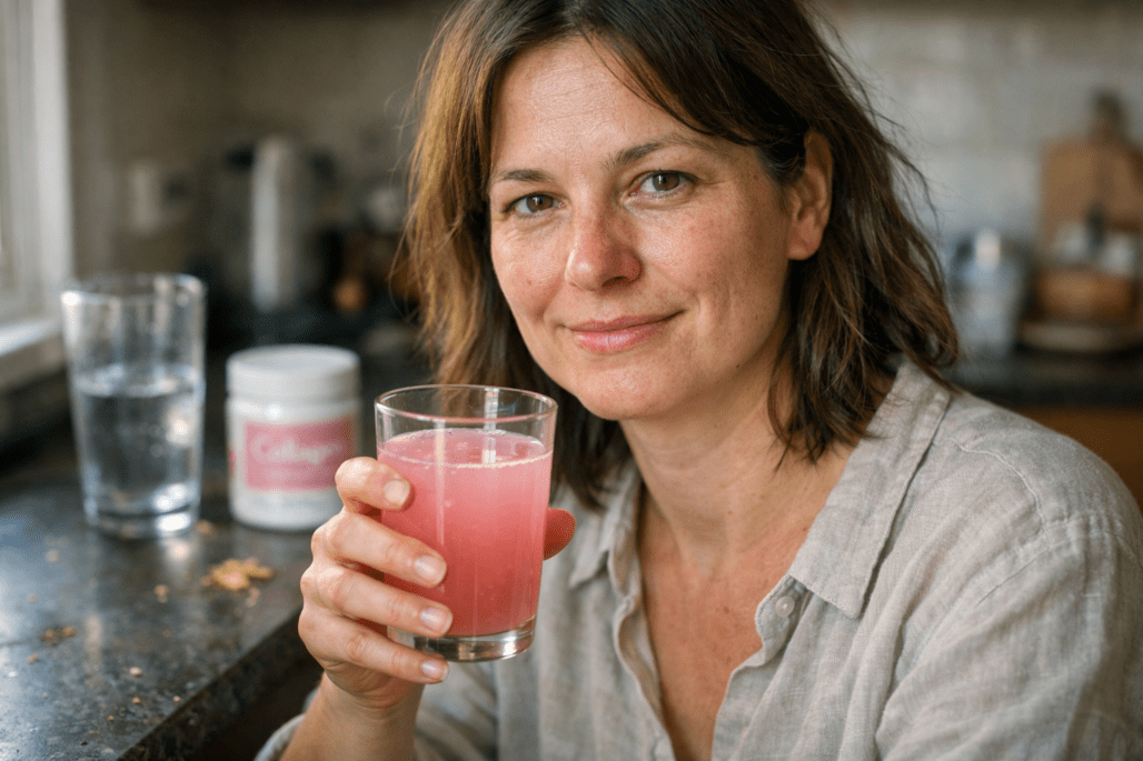 Woman drinking collagen supplement in natural kitchen light showing real skin health benefits