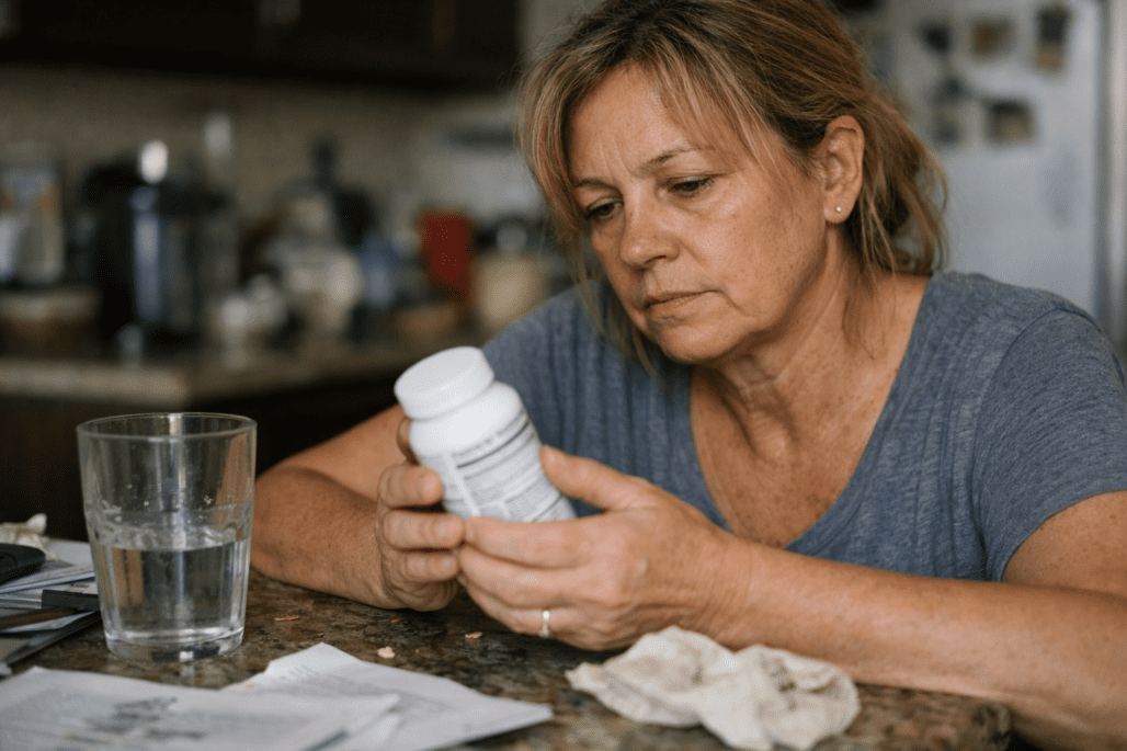 Woman examining CoQ10 supplement bottle at kitchen counter with natural morning light