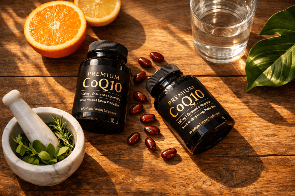 Top-rated CoQ10 supplements with capsules, fresh citrus, and water on wooden table