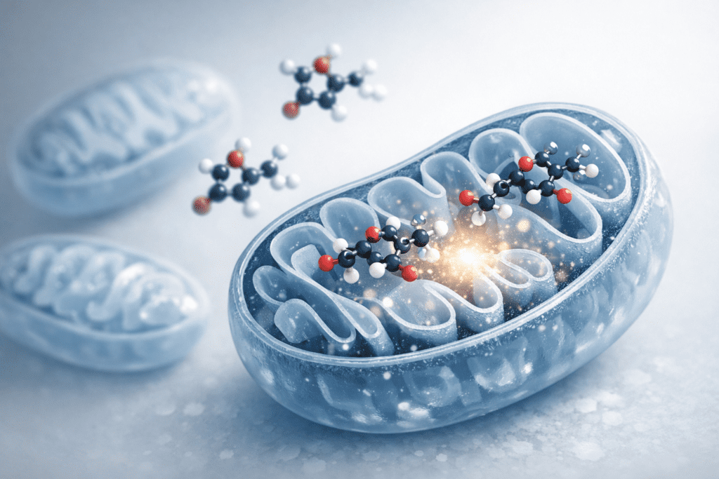 CoQ10 molecular structure and mitochondrial energy production in scientific medical illustration style